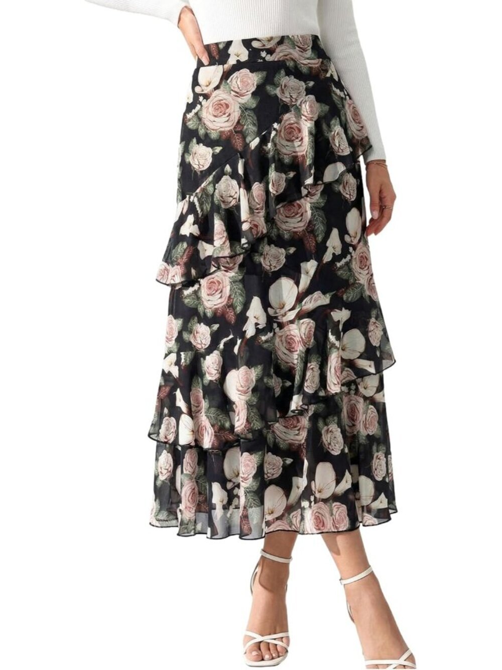 Women's Boho Flowy Black2 Maxi Skirt Flared Ruffle A Line Spring Long Skirts